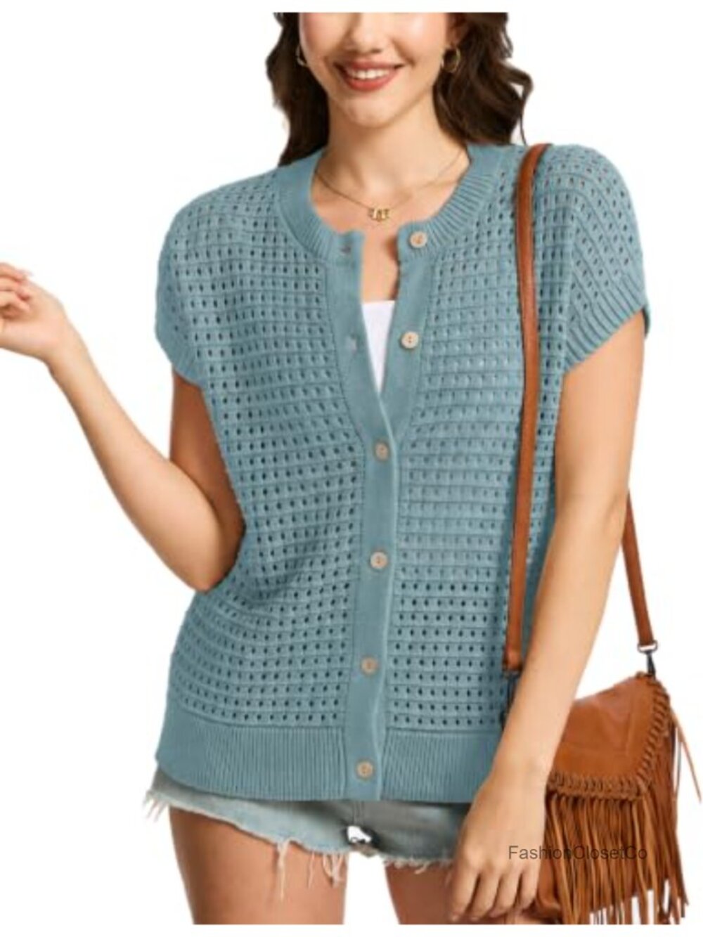 Women Crochet Sweater Vest Hollow Out Button Down Cardigan